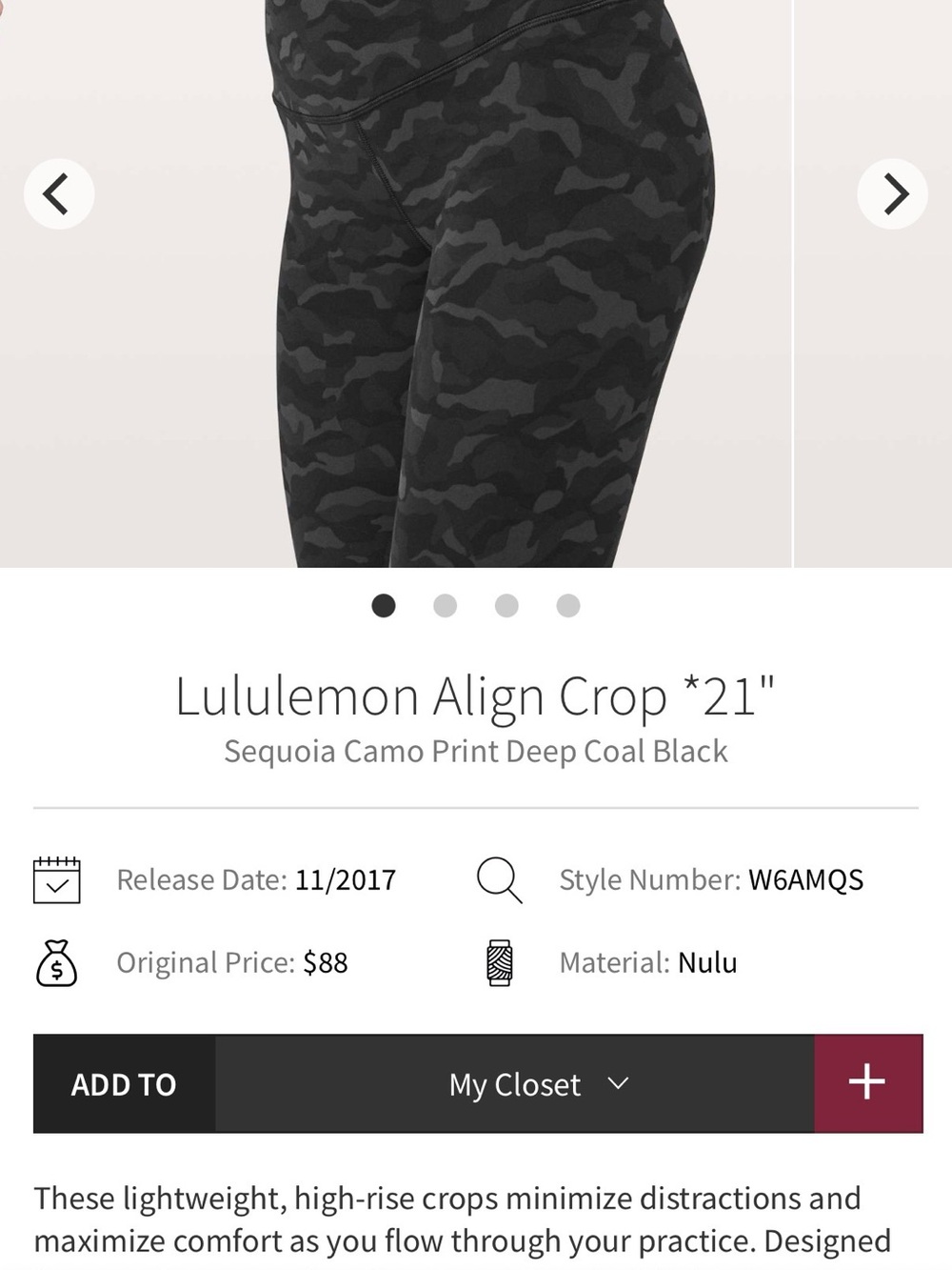 lululemon Align Crop 21" Sequoia Camo Deep Coal Black